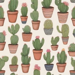 A repeated pattern illustration of charmingly drawn cacti in pots, showcasing a variety of shapes and sizes, each with its unique prickles and blooms.