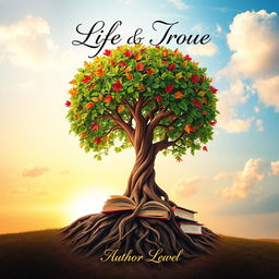 A captivating book cover that encapsulates the theme of life and knowledge, featuring a vibrant tree of life intertwined with books
