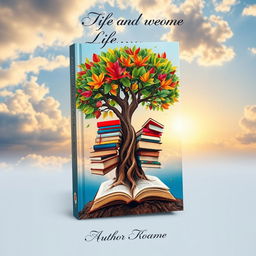 A captivating book cover that encapsulates the theme of life and knowledge, featuring a vibrant tree of life intertwined with books