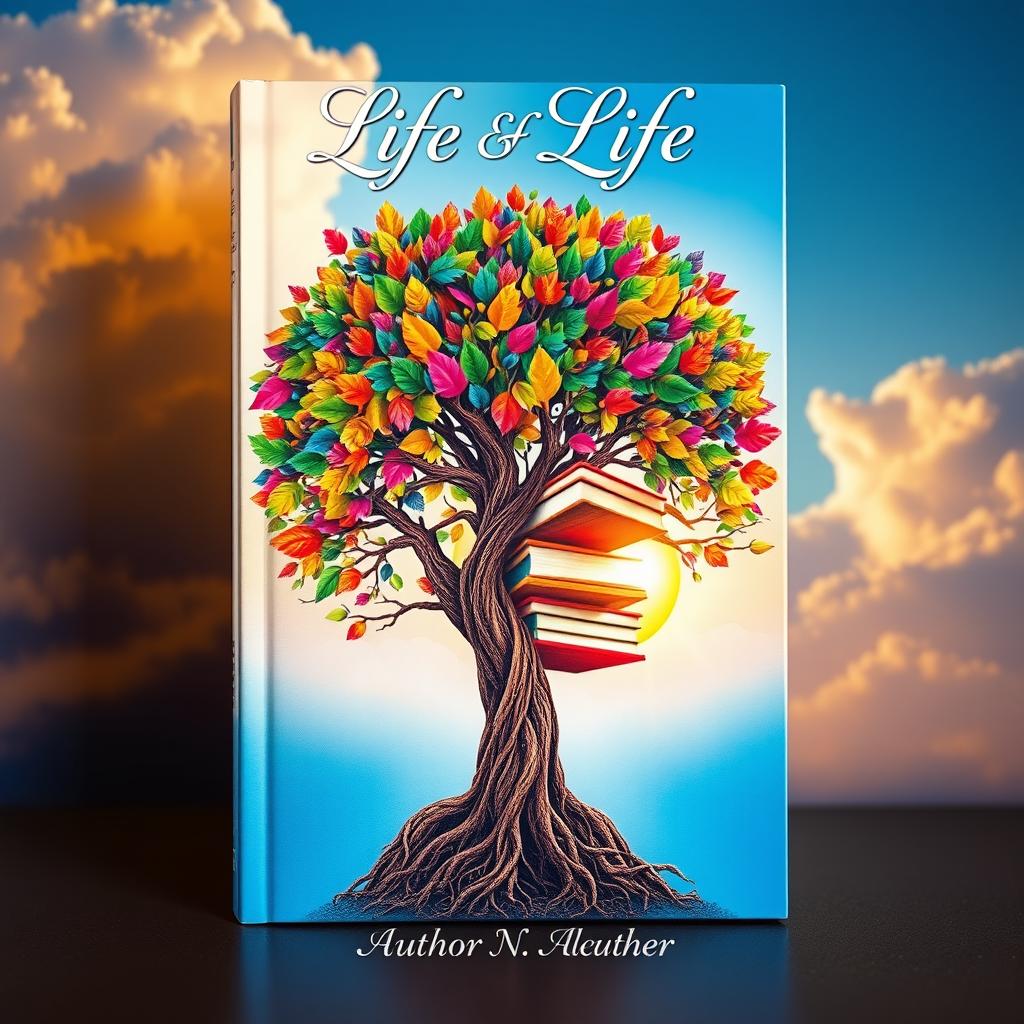 A captivating book cover that encapsulates the theme of life and knowledge, featuring a vibrant tree of life intertwined with books