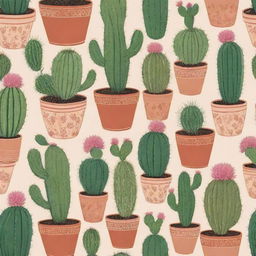 A repeated pattern illustration of charmingly drawn cacti in pots, showcasing a variety of shapes and sizes, each with its unique prickles and blooms.