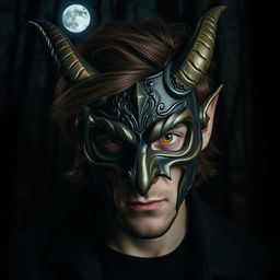 A man with brown hair wearing a striking devil mask that features deep black eyes and vertical golden pupils, enhancing the sinister and otherworldly appearance