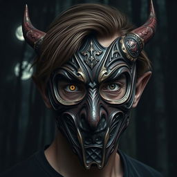 A man with brown hair wearing a striking devil mask that features deep black eyes and vertical golden pupils, enhancing the sinister and otherworldly appearance