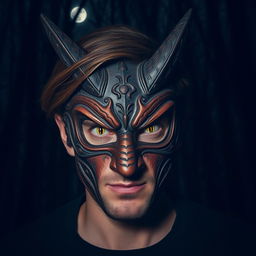 A man with brown hair wearing a striking devil mask that features deep black eyes and vertical golden pupils, enhancing the sinister and otherworldly appearance