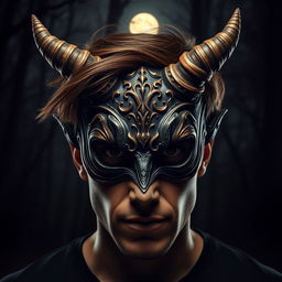 A man with brown hair wearing a striking devil mask that features deep black eyes and vertical golden pupils, enhancing the sinister and otherworldly appearance