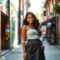 A beautiful Indian woman in her 20s, confidently posing in a stylish skirt that highlights her nice round figure