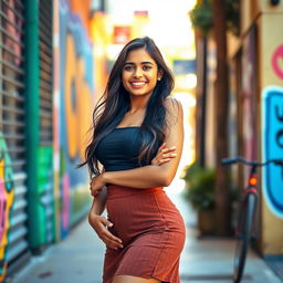 A beautiful Indian woman in her 20s, confidently posing in a stylish skirt that highlights her nice round figure