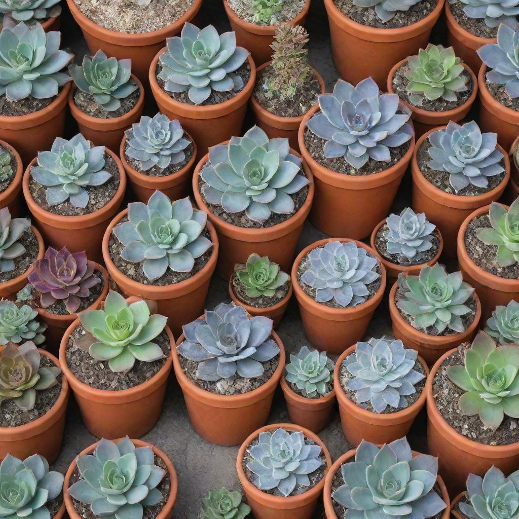 An artistic pattern featuring different types of succulent plants in pots. Each plant holds unique textures and colors, adding variety to the repetition.