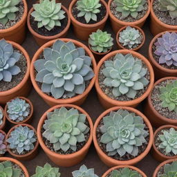 An artistic pattern featuring different types of succulent plants in pots. Each plant holds unique textures and colors, adding variety to the repetition.