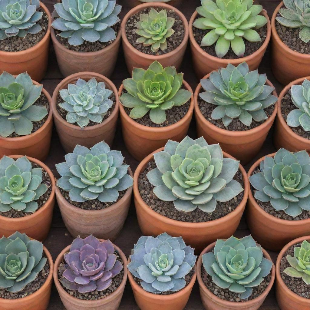 An artistic pattern featuring different types of succulent plants in pots. Each plant holds unique textures and colors, adding variety to the repetition.