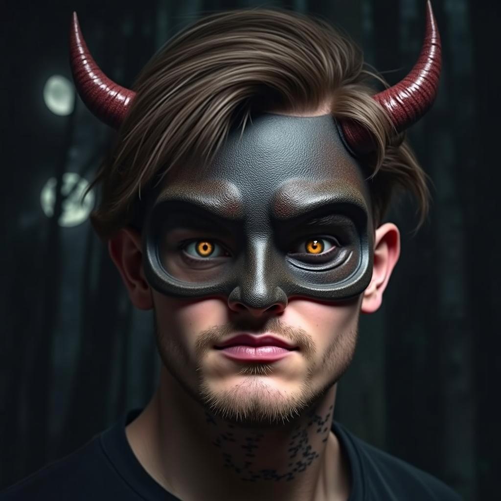 A man with brown hair wearing a detailed devil mask that features black eyes and striking vertical golden pupils