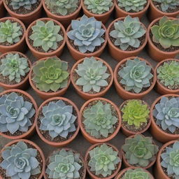 An artistic pattern featuring different types of succulent plants in pots. Each plant holds unique textures and colors, adding variety to the repetition.