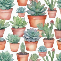 A watercolor painted pattern illustrating a variety of succulent plants in pots, showcasing vivid hues and gentle washes of color that celebrate the beauty of these desert dwellers.