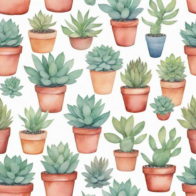 A watercolor painted pattern illustrating a variety of succulent plants in pots, showcasing vivid hues and gentle washes of color that celebrate the beauty of these desert dwellers.