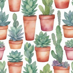 A watercolor painted pattern illustrating a variety of succulent plants in pots, showcasing vivid hues and gentle washes of color that celebrate the beauty of these desert dwellers.