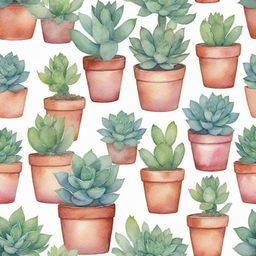 A watercolor painted pattern illustrating a variety of succulent plants in pots, showcasing vivid hues and gentle washes of color that celebrate the beauty of these desert dwellers.