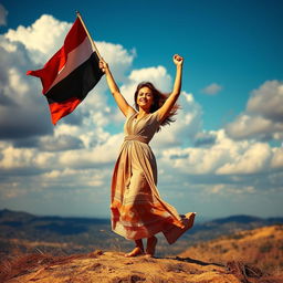 A powerful and inspirational image of a woman symbolizing the call for independence, standing strong on a hilltop with an open landscape behind her