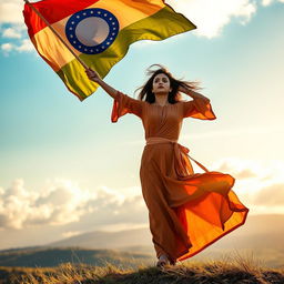 A powerful and inspirational image of a woman symbolizing the call for independence, standing strong on a hilltop with an open landscape behind her