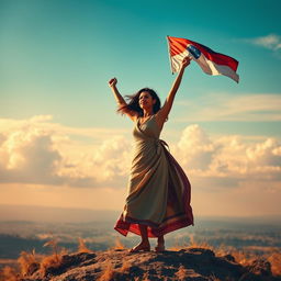 A powerful and inspirational image of a woman symbolizing the call for independence, standing strong on a hilltop with an open landscape behind her
