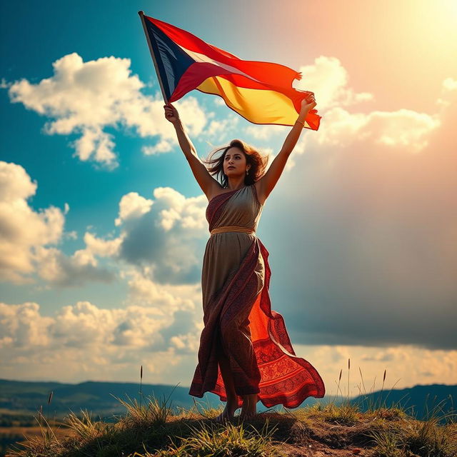 A powerful and inspirational image of a woman symbolizing the call for independence, standing strong on a hilltop with an open landscape behind her