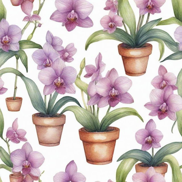 A watercolor art pattern featuring a variety of beautifully blooming orchids in pots. Each orchid is detailed with delicate strokes, displaying vibrant colors.