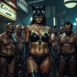 Catwoman in a striking strapless bikini showcasing big cleavage, confidently surrounded by a group of naked villains outside a cheap bar in Gotham City