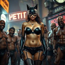 Catwoman in a striking strapless bikini showcasing big cleavage, confidently surrounded by a group of naked villains outside a cheap bar in Gotham City