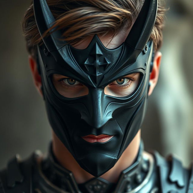 A close-up portrait of a man with brown hair, wearing a sleek black devil mask that fits tightly to his face