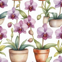 A watercolor art pattern featuring a variety of beautifully blooming orchids in pots. Each orchid is detailed with delicate strokes, displaying vibrant colors.