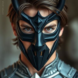 A close-up portrait of a man with brown hair, wearing a sleek black devil mask that fits tightly to his face
