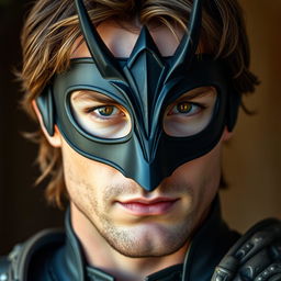 A close-up portrait of a man with brown hair, wearing a sleek black devil mask that fits tightly to his face