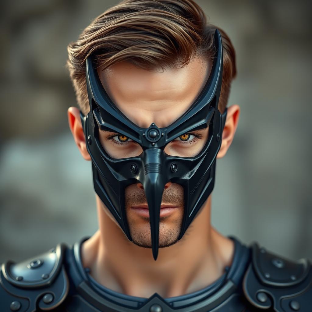 A close-up portrait of a man with brown hair, wearing a sleek black devil mask that fits tightly to his face