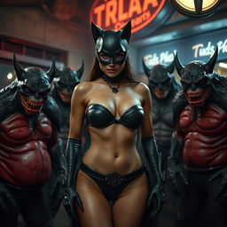 Catwoman in a striking strapless bikini, showcasing big cleavage and a small panty, confidently surrounded by a group of monster villains outside a cheap, atmospheric bar in Gotham City