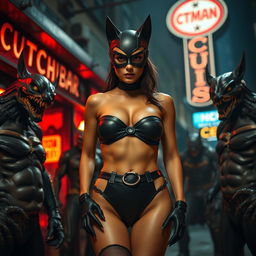 Catwoman in a striking strapless bikini, showcasing big cleavage and a small panty, confidently surrounded by a group of monster villains outside a cheap, atmospheric bar in Gotham City