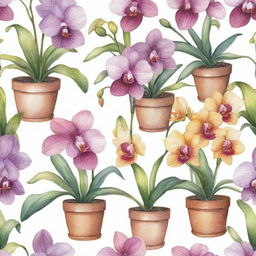 A watercolor art pattern featuring a variety of beautifully blooming orchids in pots. Each orchid is detailed with delicate strokes, displaying vibrant colors.