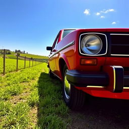 A stunning vintage VW Gol GL 1980 in a bright red color, parked in a scenic countryside setting