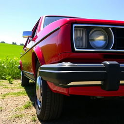 A stunning vintage VW Gol GL 1980 in a bright red color, parked in a scenic countryside setting
