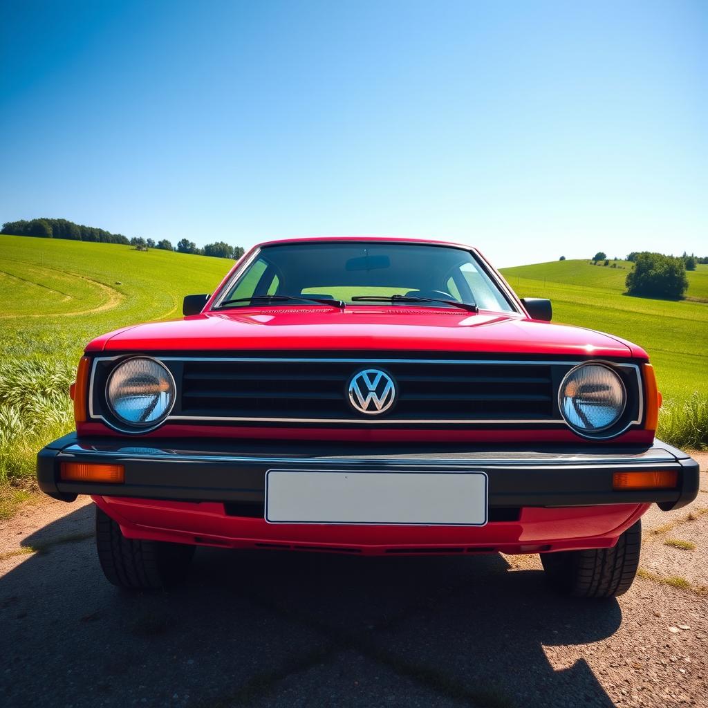 A stunning vintage VW Gol GL 1980 in a bright red color, parked in a scenic countryside setting