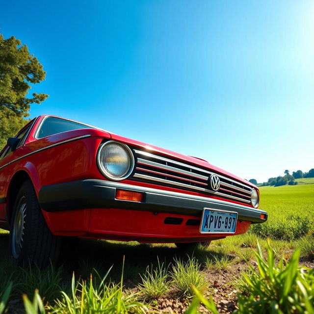 A stunning vintage VW Gol GL 1980 in a bright red color, parked in a scenic countryside setting