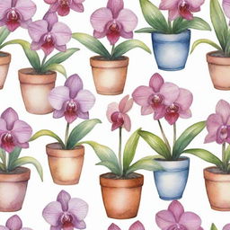 A watercolor art pattern featuring a variety of beautifully blooming orchids in pots. Each orchid is detailed with delicate strokes, displaying vibrant colors.