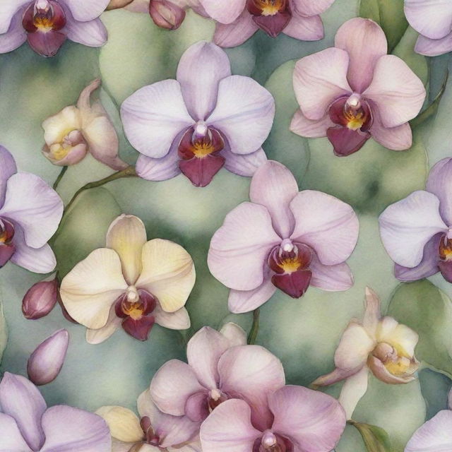 A watercolor painting pattern highlighting exotic orchids. Each flower is detailed with subtle color transitions, capturing the allure of its natural beauty.