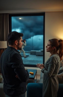 A tense, dramatic scene depicting a marital confrontation where one partner confronts the other about betrayal