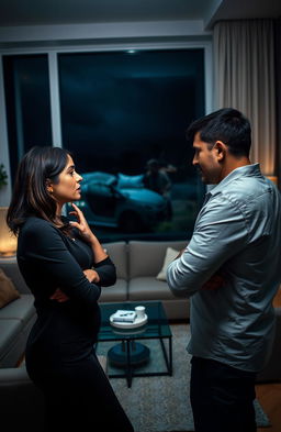 A tense, dramatic scene depicting a marital confrontation where one partner confronts the other about betrayal