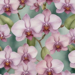 A watercolor painting pattern highlighting exotic orchids. Each flower is detailed with subtle color transitions, capturing the allure of its natural beauty.