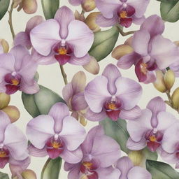 A watercolor painting pattern highlighting exotic orchids. Each flower is detailed with subtle color transitions, capturing the allure of its natural beauty.