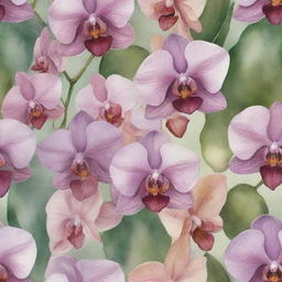 A watercolor painting pattern highlighting exotic orchids. Each flower is detailed with subtle color transitions, capturing the allure of its natural beauty.