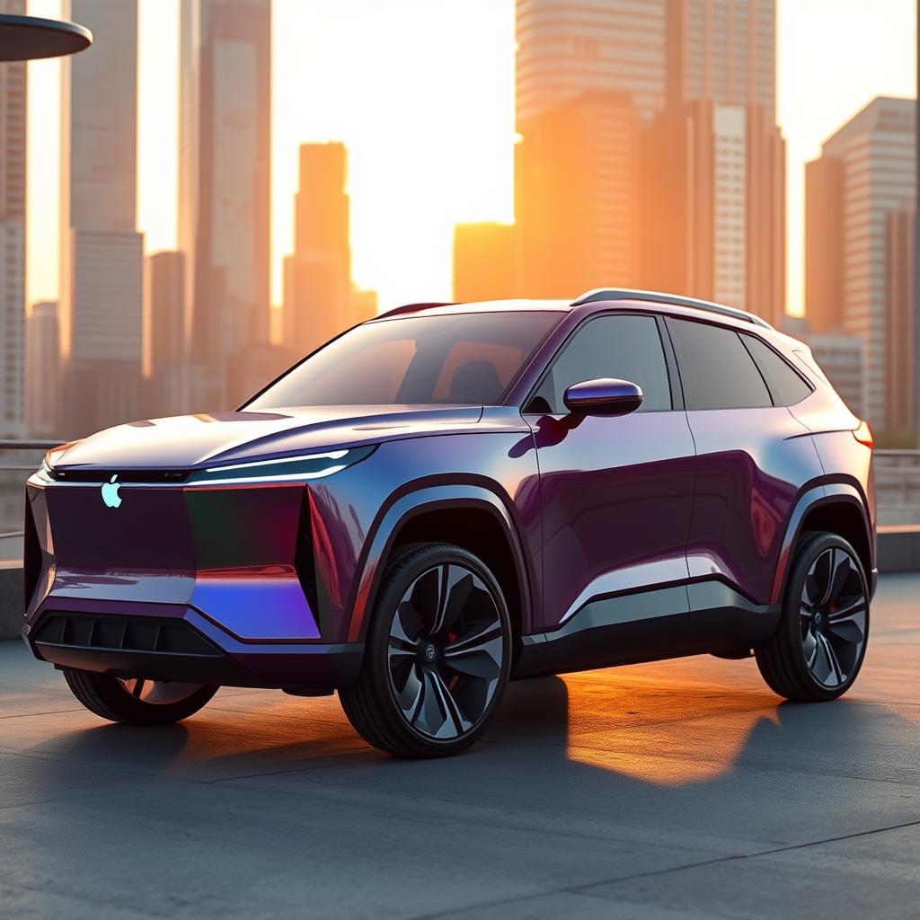 A stunning futuristic Apple hybrid SUV from the year 2027, featuring a sleek and modern design with a shiny metallic exterior in a vibrant color, futuristic LED headlights, and an elegant, streamlined shape