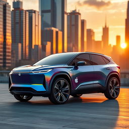 A stunning futuristic Apple hybrid SUV from the year 2027, featuring a sleek and modern design with a shiny metallic exterior in a vibrant color, futuristic LED headlights, and an elegant, streamlined shape