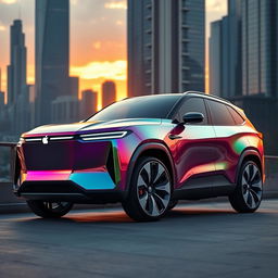 A stunning futuristic Apple hybrid SUV from the year 2027, featuring a sleek and modern design with a shiny metallic exterior in a vibrant color, futuristic LED headlights, and an elegant, streamlined shape