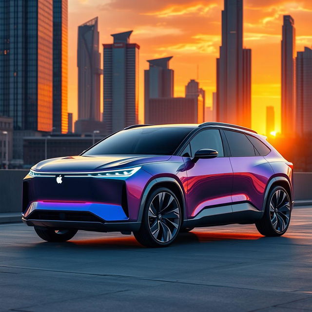 A stunning futuristic Apple hybrid SUV from the year 2027, featuring a sleek and modern design with a shiny metallic exterior in a vibrant color, futuristic LED headlights, and an elegant, streamlined shape